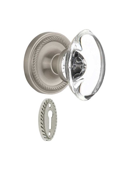 Rope Rosette Mortise-Lock Set with Oval Crystal Glass Knobs in Satin Nickel.